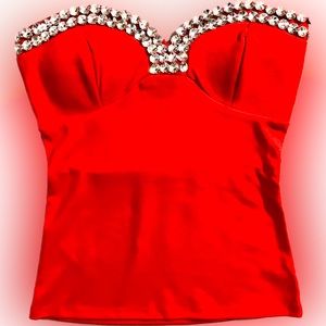 Stunning Red strapless tube top with rhinestones padded bust New Formal Small